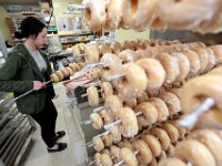 1008020024 ma nb MasDonuts  Paige Raposa loads up a tray of glazed donuts at Ma's Donuts on Acushnet Avenue in the north end of New Bedford.   PETER PEREIRA : food, restaurant, eat, morning, breakfast, work, labor